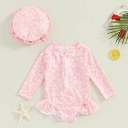 6M-3T Toddler Rash Guard Swimsuit Jumpsuit Long Sleeved Floral Print Baby Ruffled Edge Swimsuit With Swim Cap