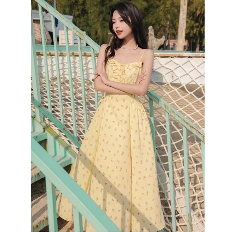 

French Floral Lace Trim Dress, Spaghetti Strap Midi, Summer Vacation Elegant Dress Women S-XXL