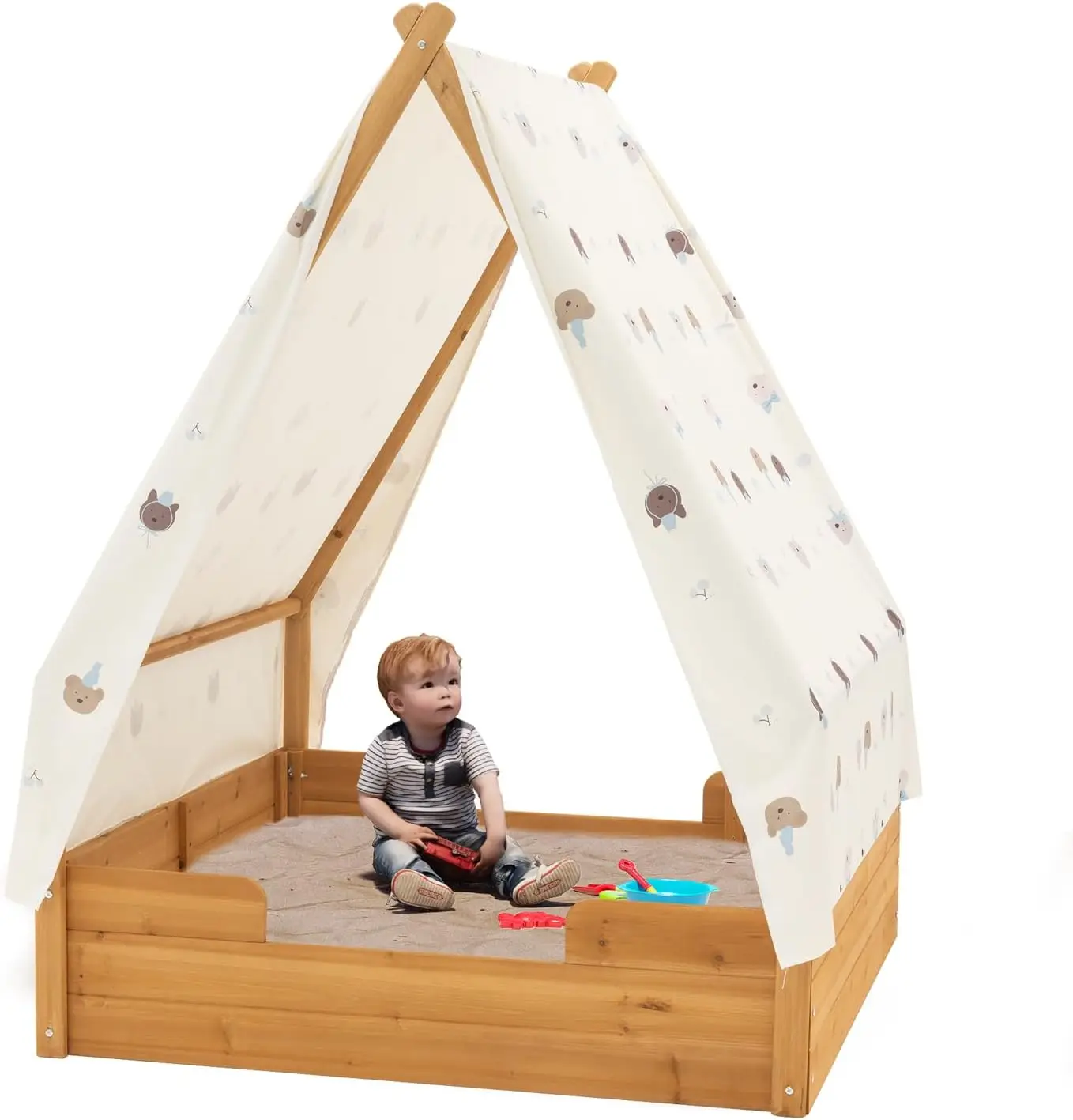 Triangular Wooden Sandbox with Canopy for Aged 3-8 Years Old, Sand Boxes for Backyard Garden, Sand Pit for Beach Patio Outdoor,I