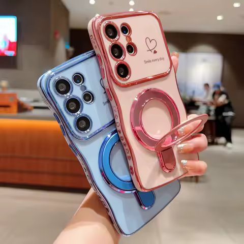 Wave Plating Side Love Heart Phone Case For Samsung Galaxy S25 S24 Ultra S23 S22 A16 A55 Protect Lens Shockproof Back Cover