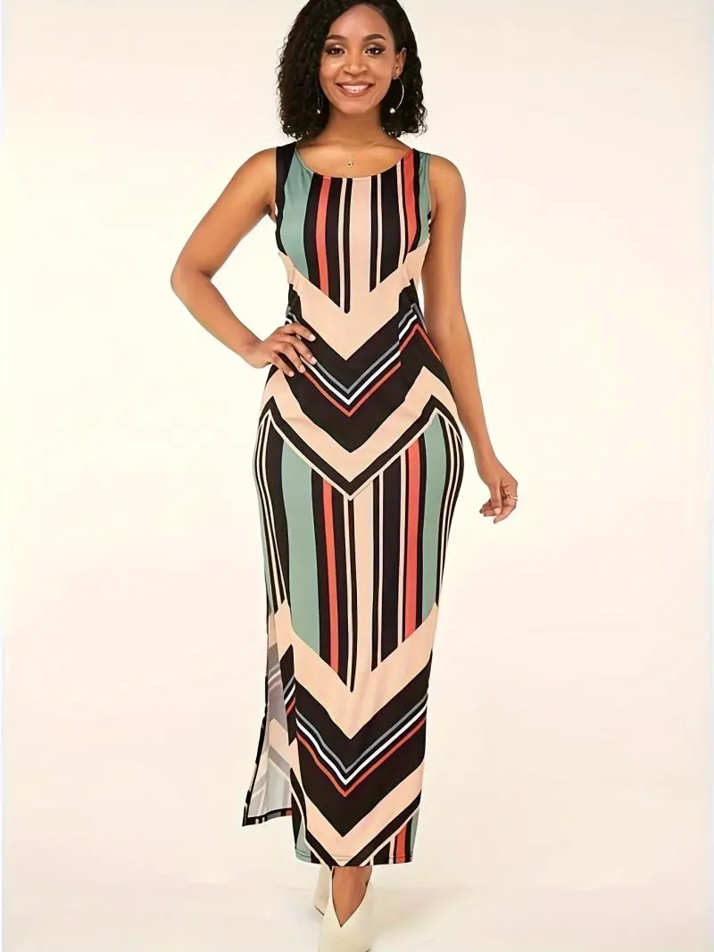 Damen Slim Fit Ärmelloses Langes Kleid Rundhals-Schlitz-Design Urlaubsstil Lässiges Elegantes Maxikleid