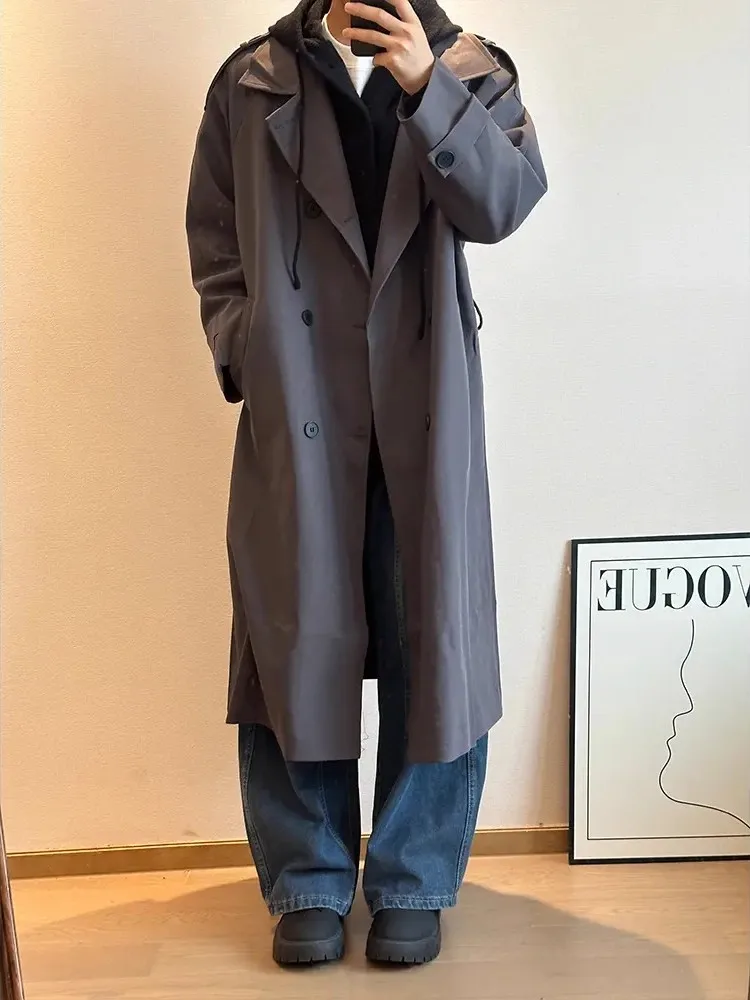 

Cleanfit Korean Sle Men's Long Overcoat Autumn High Waist Tall Knee-Length Coat Stand Fit Casual Double-Breasted Coat