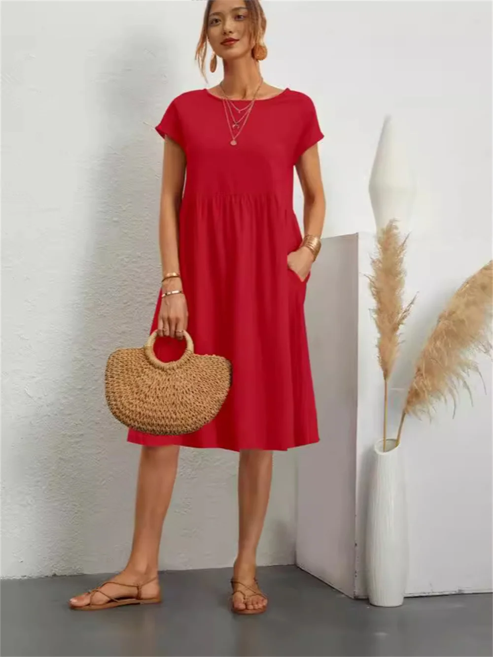 2024 Fashion Summer OL Temperament women's cotton linen round neck A-line skirt commuter casual dress