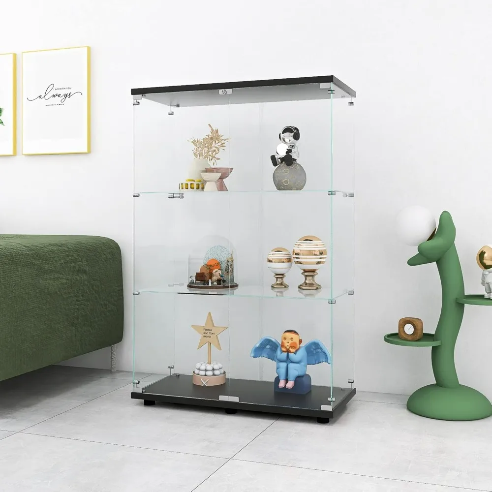 

Two-Door Glass Display Cabinet 3 Shelves with Door, Floor Standing Curio Bookshelf for Living Room Bedroom Office