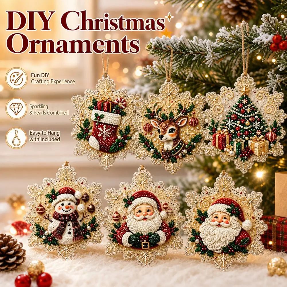 6Pcs Full Round Drill Diamond Painting Kit Christmas Round Hanging Ornaments DIY Rhinestone Pendant Santa Snowman Reindeer Xmas