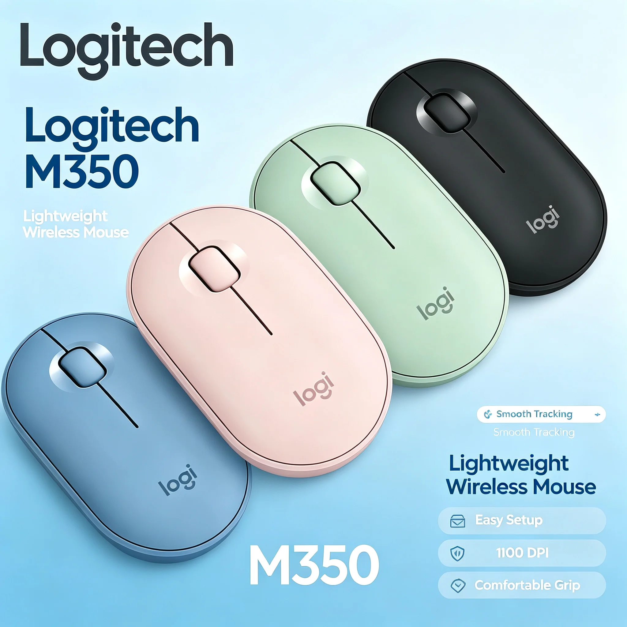 Logitech M350 Pebble Slim Wireless Mouse 90% Less Click Noise Bluetooth & USB Receiver Mouse For Macbook