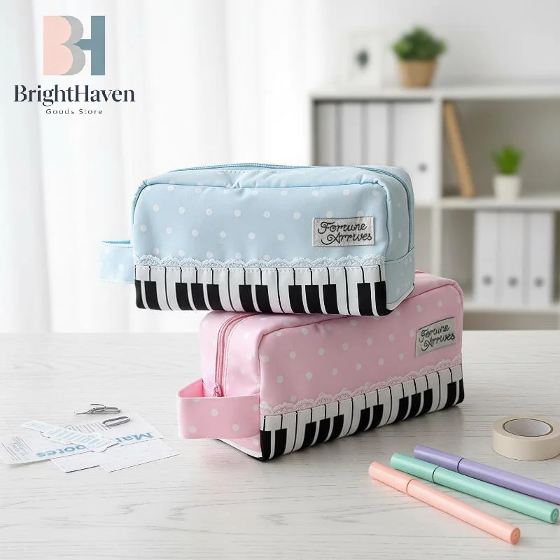 Kawaii Polka Dot Piano Key Print Pencil Case With Handle Large Capacity Pencil Pouch Stationery Bag Gift Ecofriendly Durable B.H