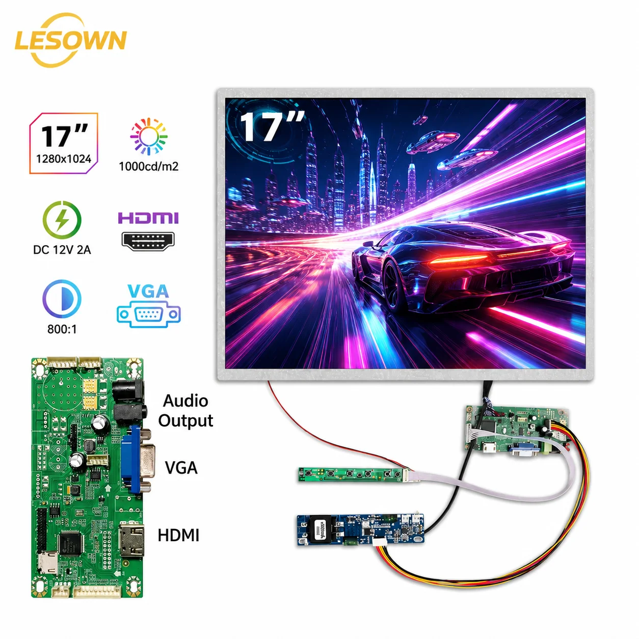 LESOWN 17 Inch 1280x1024 LCD Screen Driver Board Kit 1000cd/m2 High Brightness HDTV VGA Driver-Free for Industrial PC