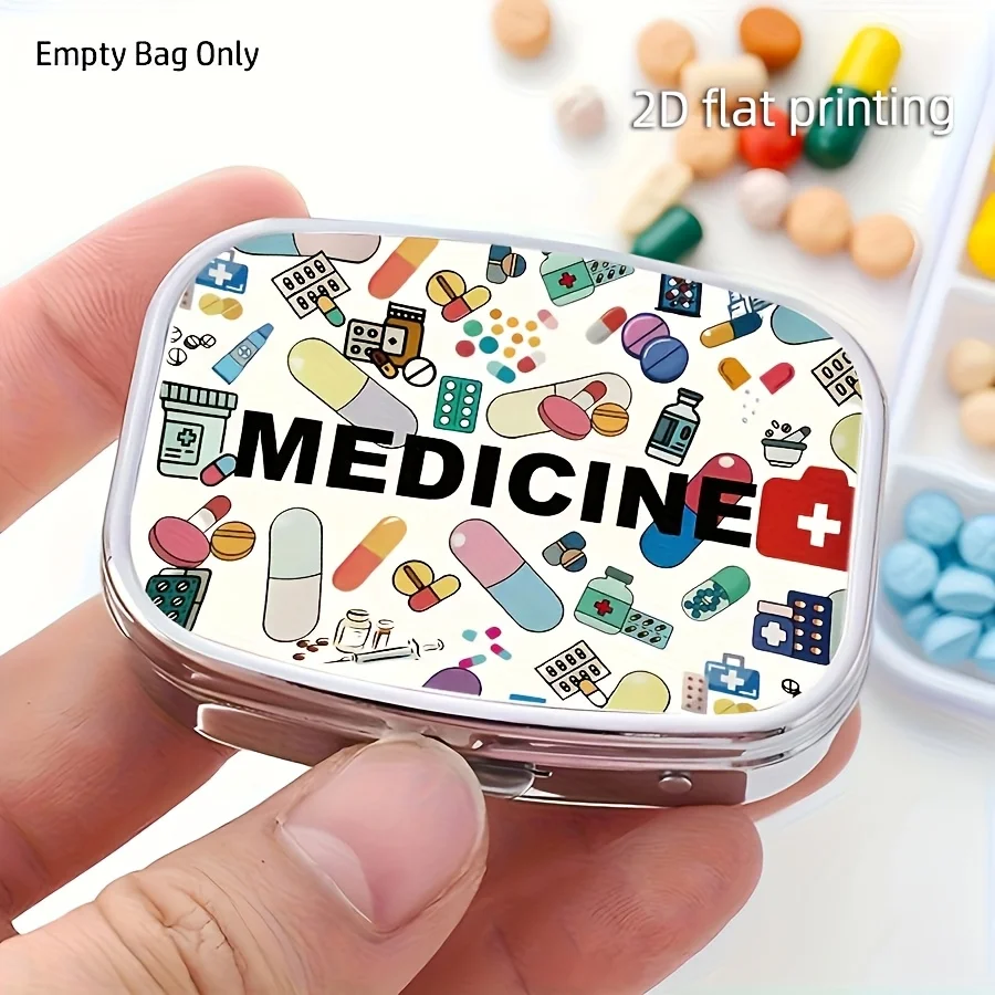 Medical Icon Print Metal Pill Box Portable 2 Compartment Medicine Case Travel Pill Organizer Pocket Tablet Storage Container