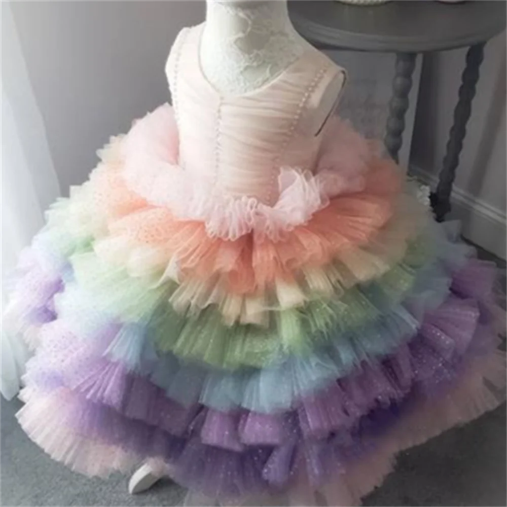 Girls' dress  robe enfant fille pour mariage2023 new spring rainbow color fluffy princess dress birthday children's cake bead