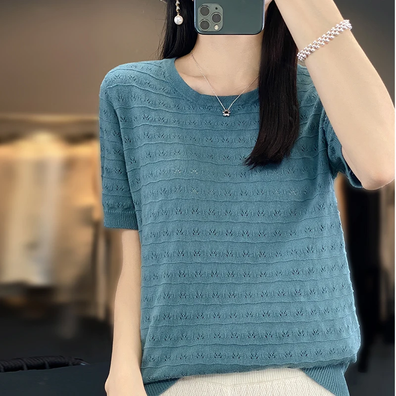 2023 Summer New 100% Cotton Knitted Short Sleeve Women\'s Thin Hollow Loose Large Size T-shirt Round Neck Solid Half Sleeve Top