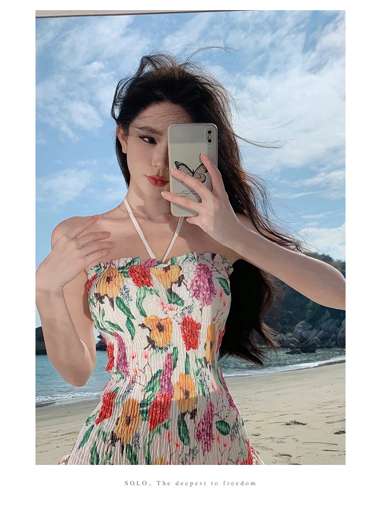 Summer Holiday Hollow Out Layered Hem Mini Dress Women's Strapless Sexy Halter Floral Print Female Ruffles Cotton Vestidos