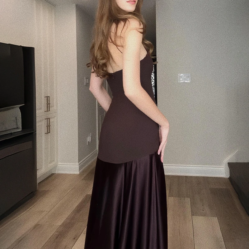 الخريف Y2k المرأة بلا أكمام صديرية دائرية خياطة الساتان تنورة عالية الخصر سليم مزاجه فستان فستان عشاء فستان الحفلات Vestidos