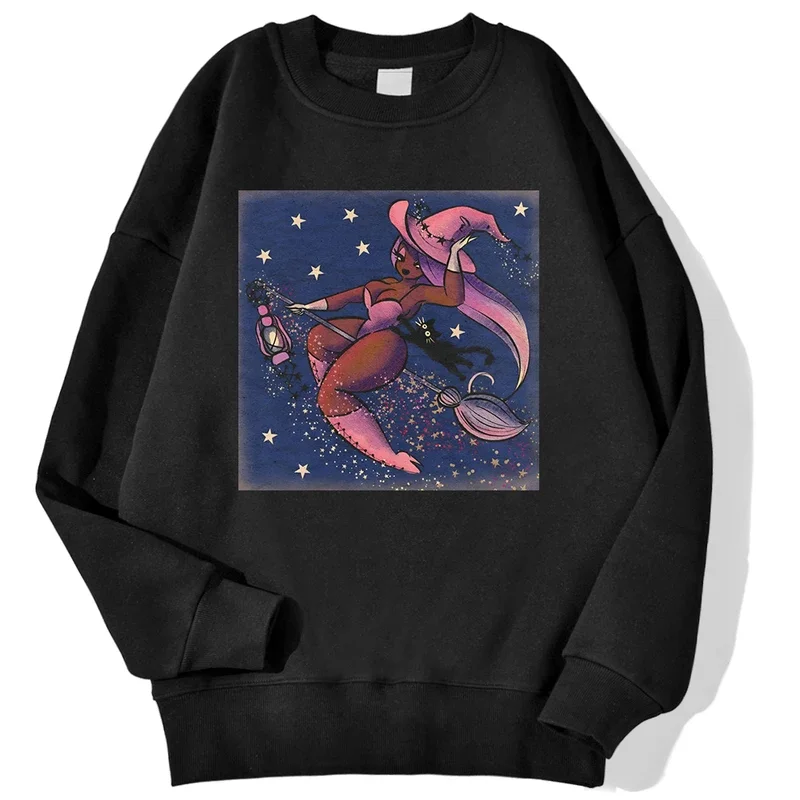 

The Witch On The Broomstick And Her Cat Printed Men Pullover Autumn Casual Hooded Loose Sweatshirts Crewneck Soft Streetwears