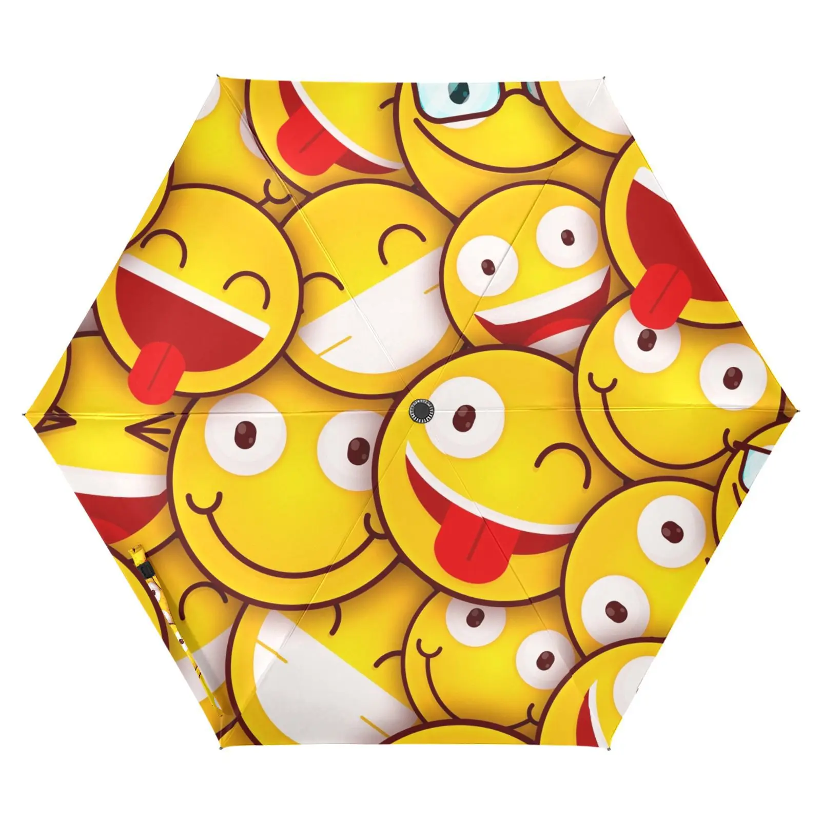 

Yellow Three Folding Umbrella Rain Universal smiley face Sun Protection Anti-UV Fully Automatic Umbrella Parasol Sunshade 6 Ribs