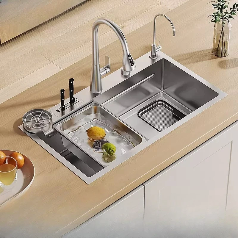 SUS304 stainless steel primary color large single slot slag collector knife holder kitchen sink vegetable basin household