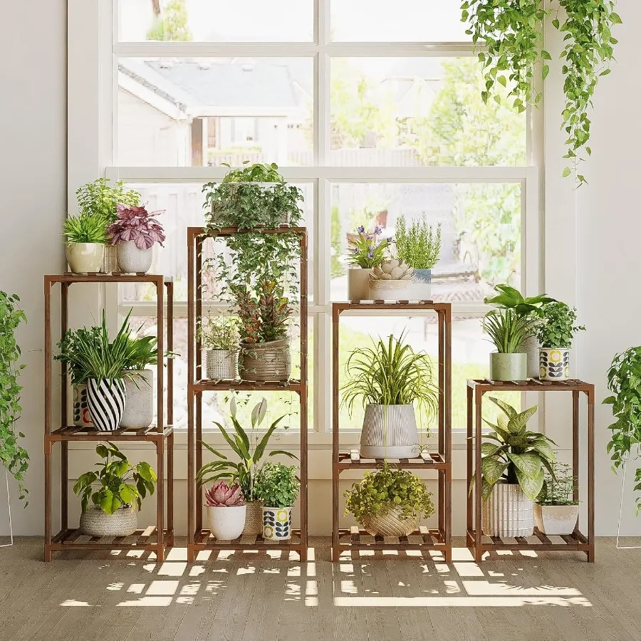 

Plant Stands Indoor 4 Sets Plant Shelves Outdoor Wooden Plant Holder for Multiple Plants Flower Stands Window
