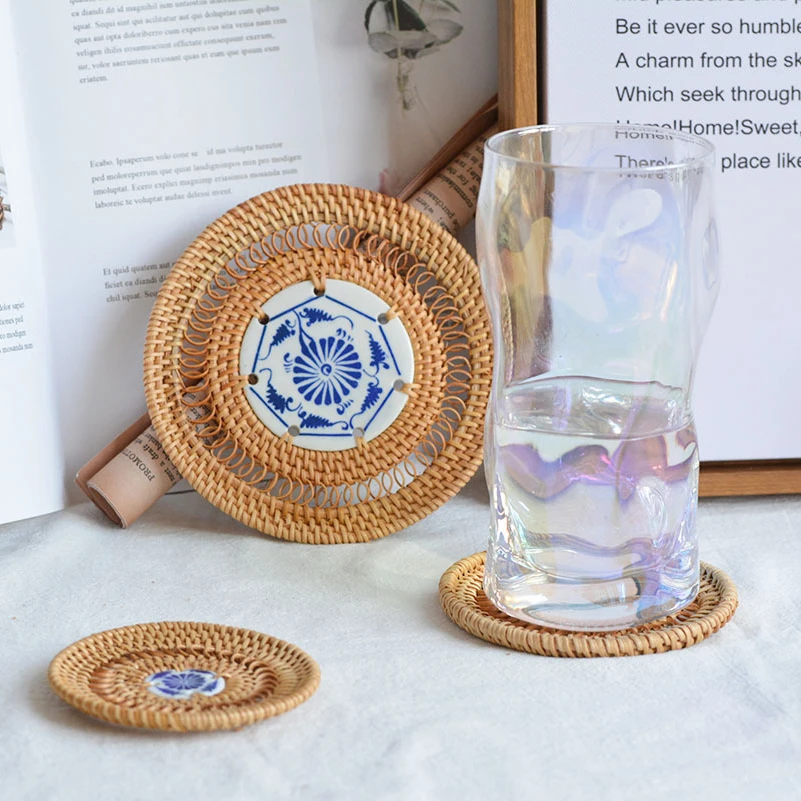 

Placemat Round Ceramic Coaster Hand Woven Rattan Hollow Pattern Tableware Mat