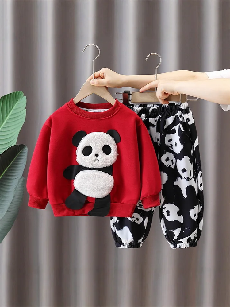 

Костюм для косплея с мультяшным принтом панды, весенне-осенние детские толстовки для мальчиков + брючный костюм, спортивный костюм для девочек, супер милая детская одежда