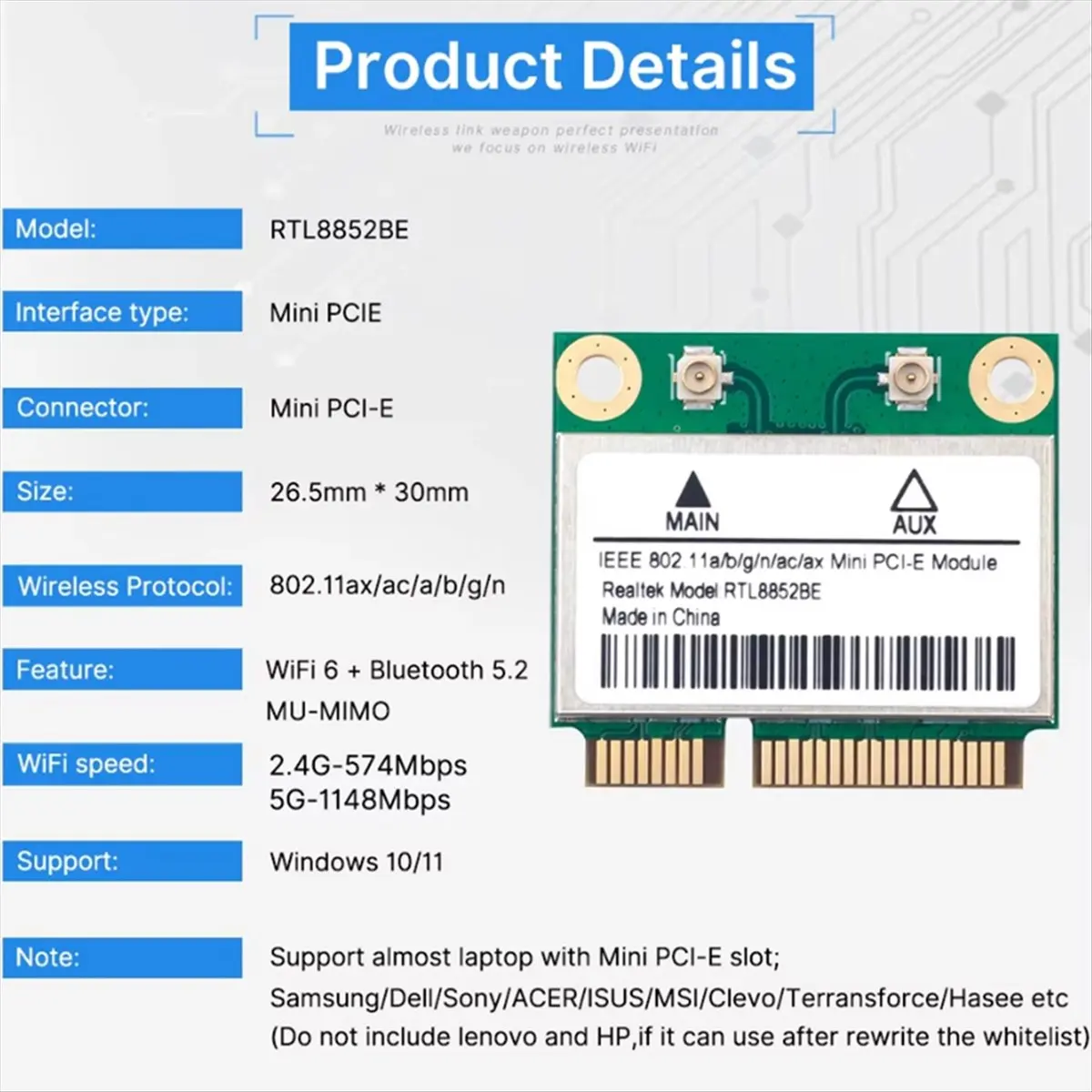 AA80 RTL8852BE WiFi 6 Network Card with 8DBI Antennas BT 5.2 Mini PCI-E Dual Band 2.4G/5GHz AX1800 Adapter for Win 10/11