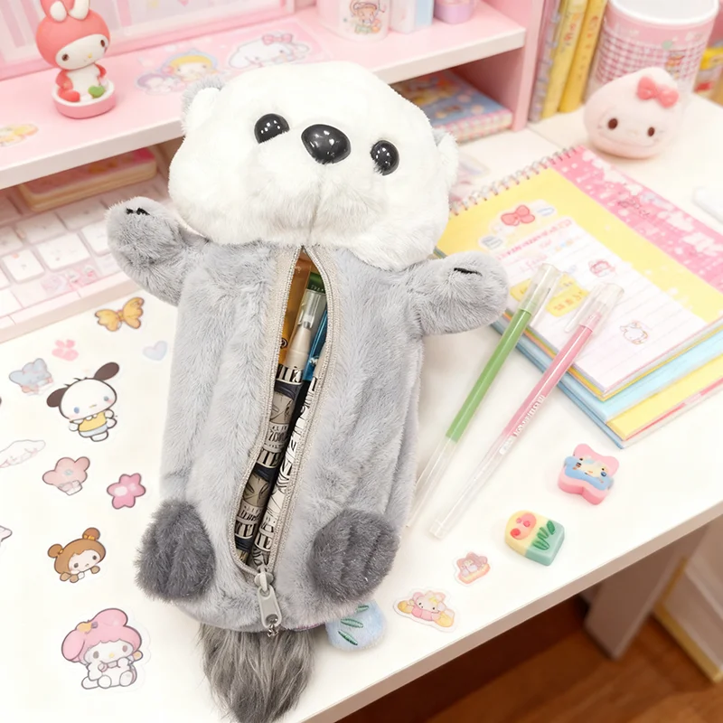 1pcs Pencil bag sea otter plush doll pencil case cute high value stationery bag pencil bag learning supplies stationery 1 set