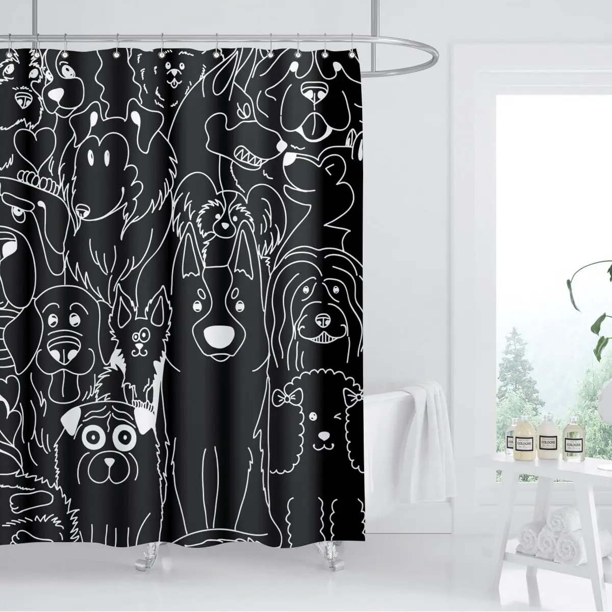 Funny Dog Doodle Shower Curtain, Black White Puppy Sketch Bath Decor, Cute Pet Line Art, Waterproof Polyester Fabric