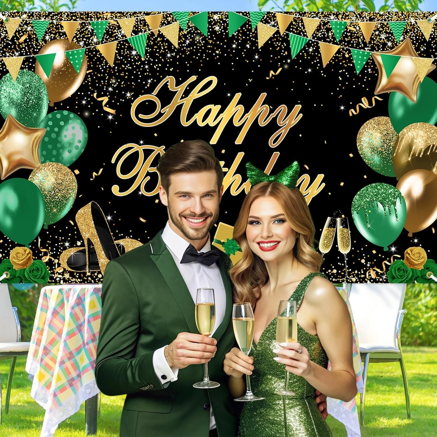 بالون أخضر ذهبي أسود لامع هدية علم خلفيات متألقة مطبوعة بالكمبيوتر مستلزمات الحفلات خلفيات استوديو التصوير الفوتوغرافي