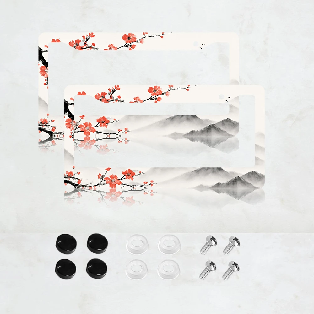 

2 шт. рамки для номерных знаков с 2 отверстиями, дизайн «Красные цветы вишни», алюминий, 6x12 дюймов, с винтами, американский стандартный размер