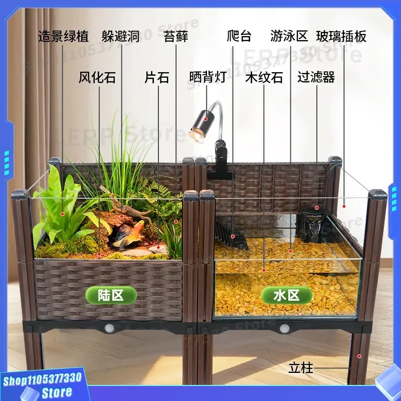 Large Glass Turtle Tank with Sun Terrace for Breeding Yellow Edge Turtles Household Amphibious Feeding Box with Landscaping