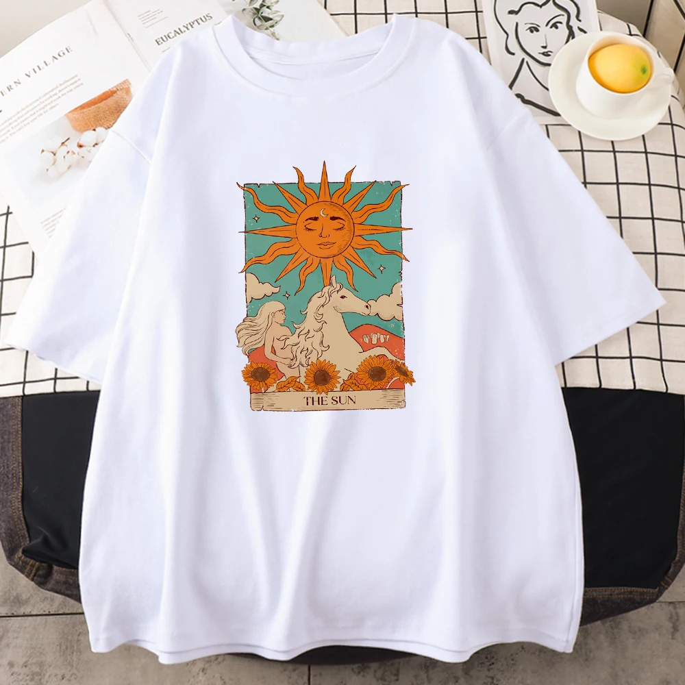 Tarot Card Art The Sun Male Cotton T Shirt High Street Vintage Clothing Breathable Casual O-Neck Short Sleeve Mens Cotton Tops