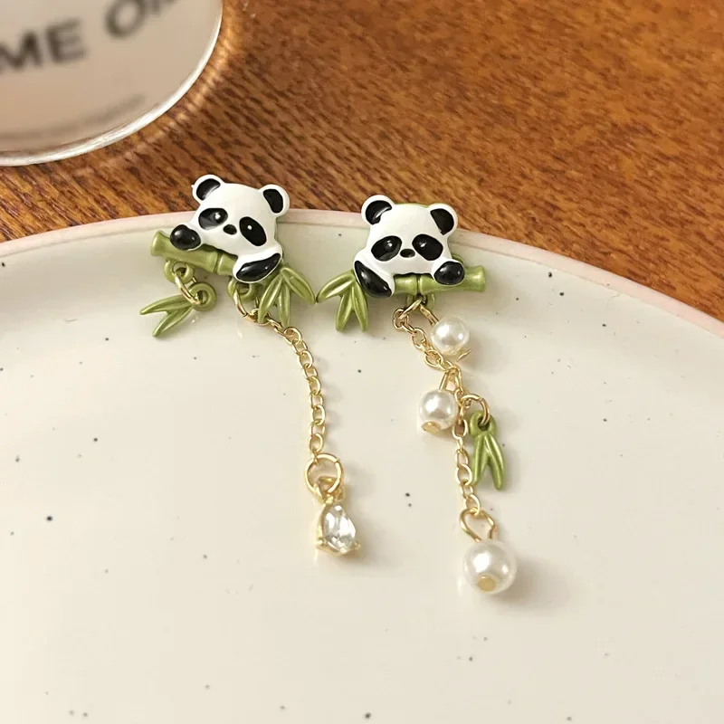 Personality Asymmetrical Cat Bear Long Tassel Earrings Chinese Style Cute Bamboo Panda Earrings for Women Girls Gifts