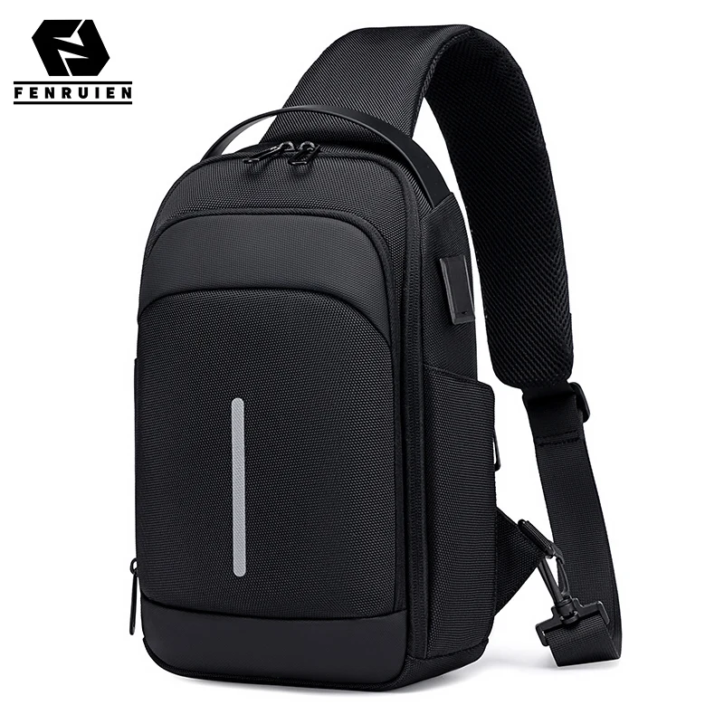 Fenruien Men\'s Bag Shoulder Bag Multifunction Anti-theft Waterproof Male Crossbody Bag Casual Short Trip Chest Pack USB Charging