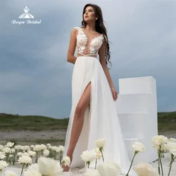 Nova chegada uma linha vestidos de casamento personalizado tule rendas flores sexy lado split botões vestido de noiva para mujer