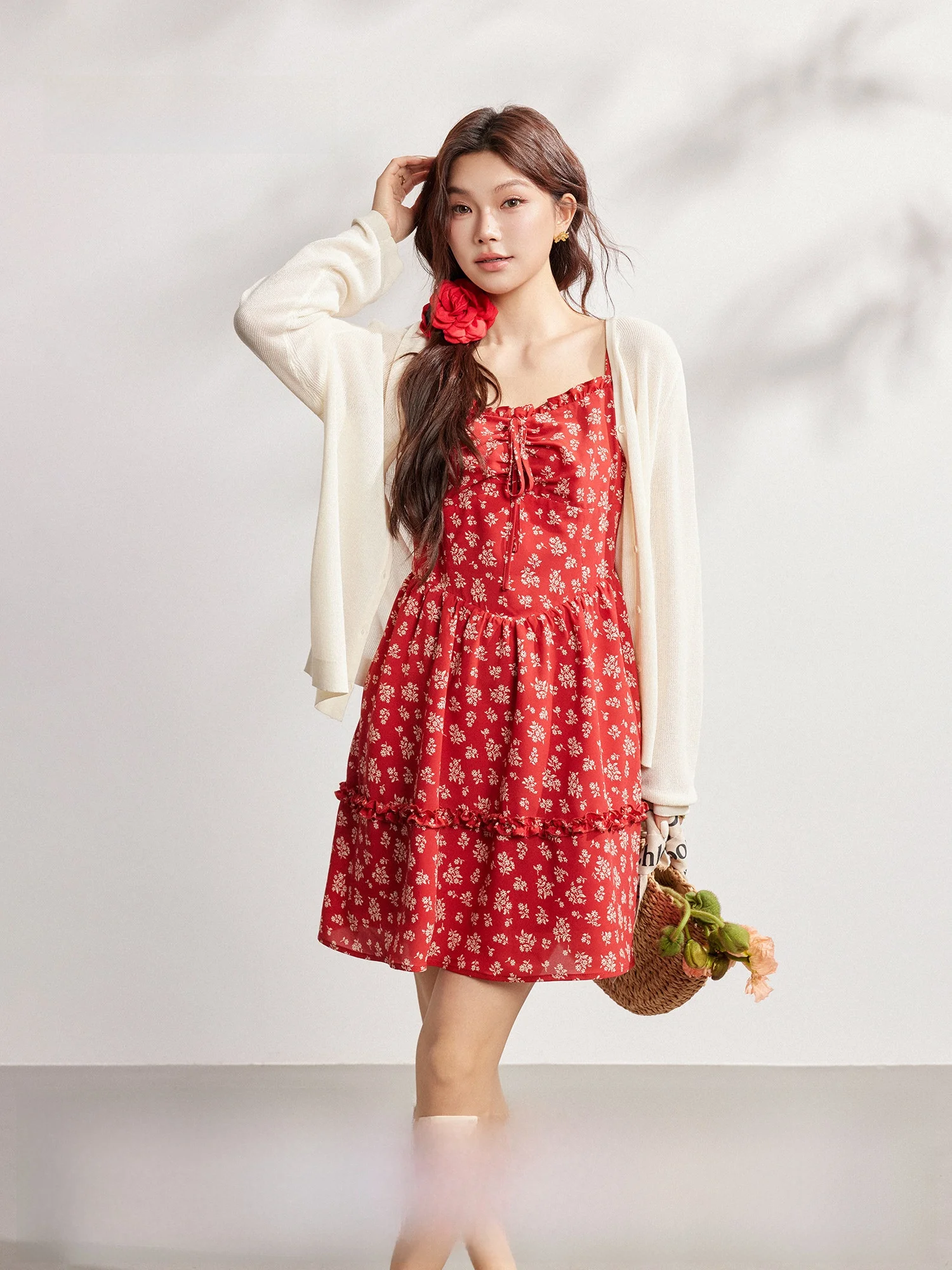 

Plusmall Evening Lilac Soft Chiffon Floral Print Strap Dress Knitted Cardigan Lightweight Mature Style Casual Spring Summer D...