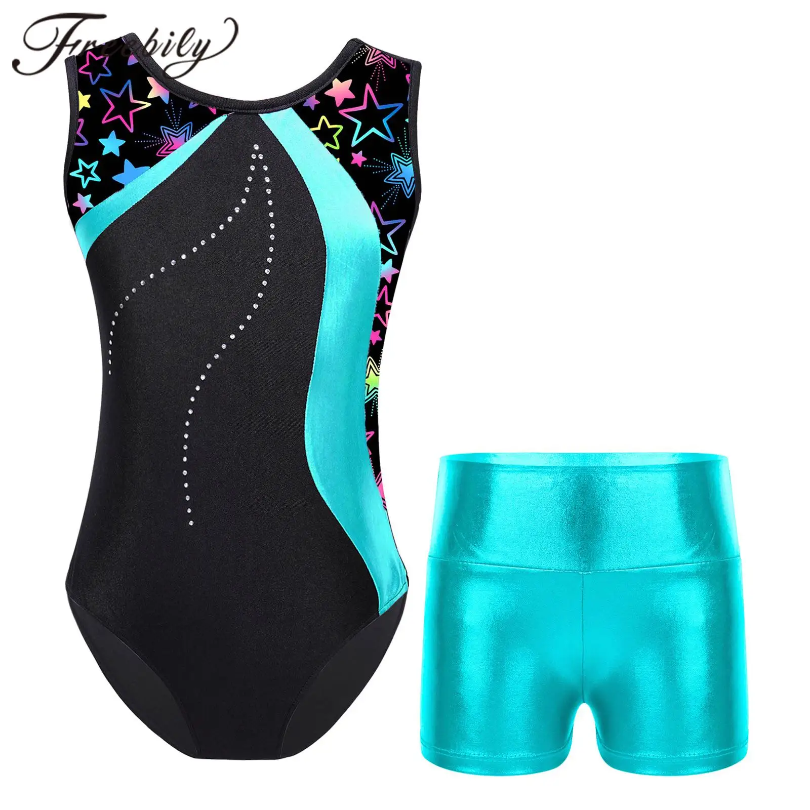 Kids Girls Sleeveless Printed Patchwork Leotard with Metallic High Waist Shorts Sets for Dancing Skating Gymnastics Jumpsuit