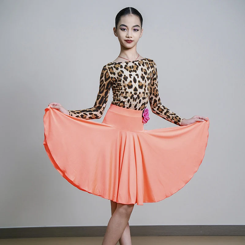 

Леопардовое платье для латинских танцев для девочек, костюм для выступлений с одним рукавом, одежда для танцевальной практики ча-ча-самбы, детское платье для латинских танцев, новинка