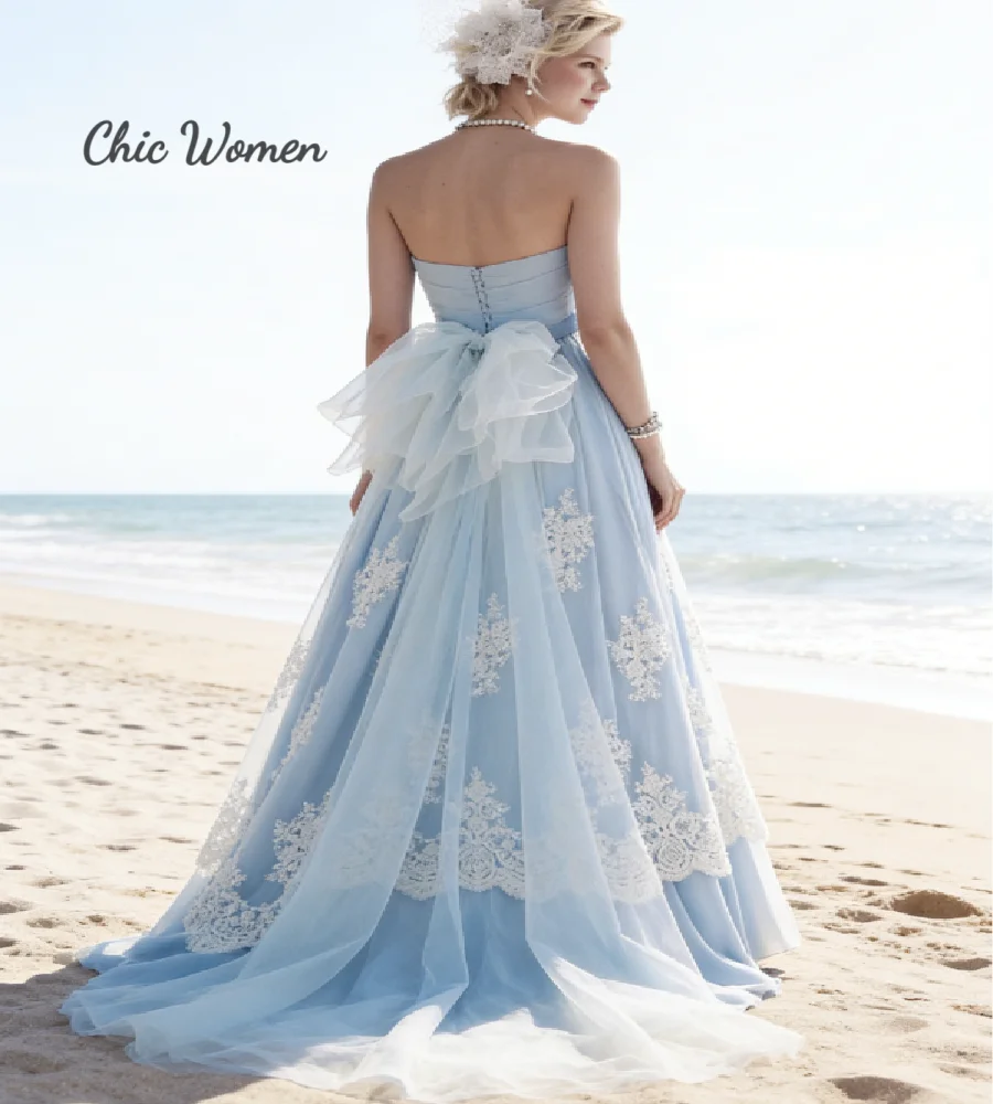 Destination Beach Ice Blue Wedding Dress Empire Waist Boho Civil Lace Bridal Gowns Sweetheart White Lace Summer Bohemian Boda