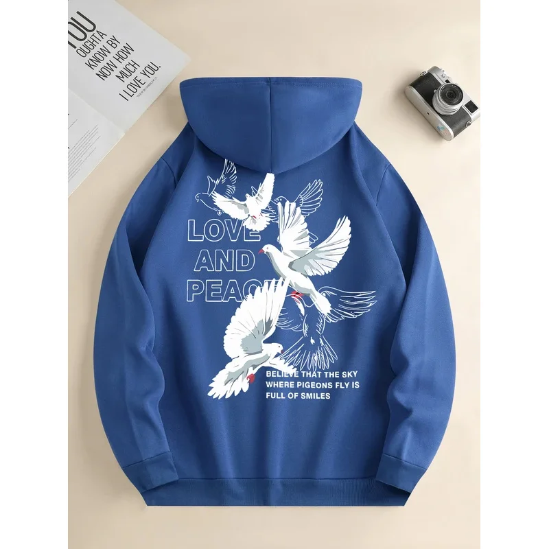 Men's new fashion hoodie, casual daily drawstring hooded sports shirt pigeon print, front kangaroo pocket, men's jacket