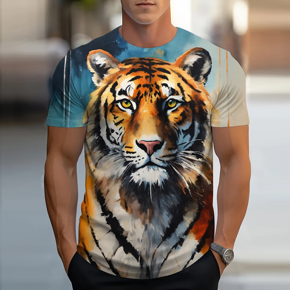 Oversized Vintage Men's T Shirt 3D Cubic Tiger Print T Shirt Summer Casual Animal Patterns Streetwear New Fashion Street Men's