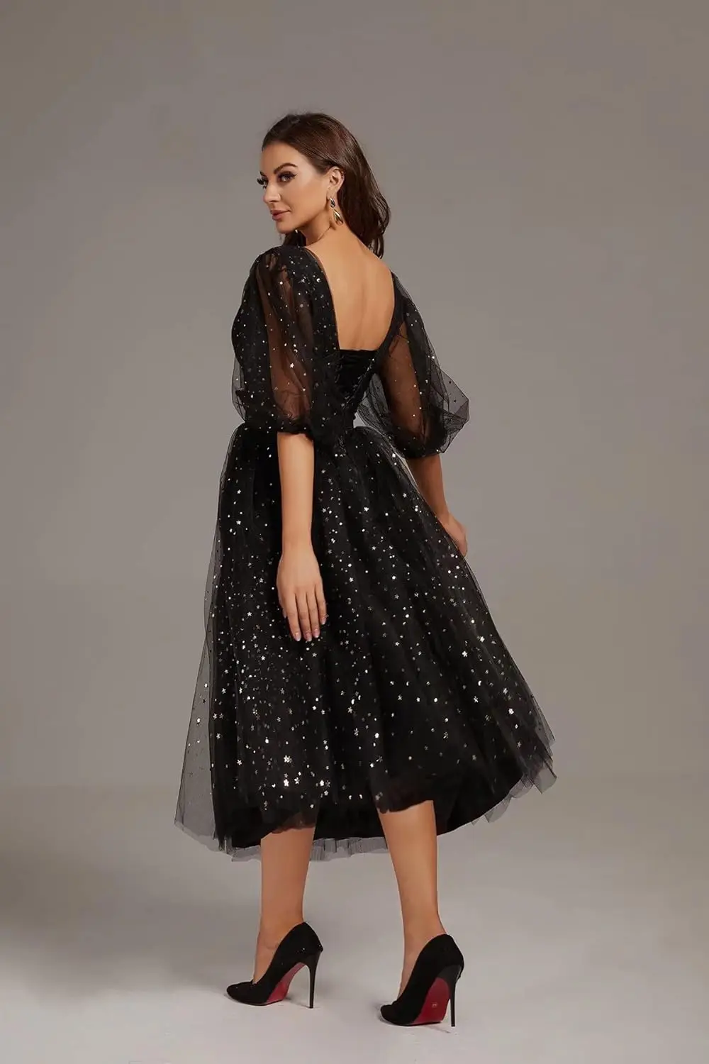 ชุดราตรีผ้าทูลล์แต่งดาวระยิบระยับสำหรับผู้หญิง แขนพอง ผ่าข้าง ชุดออกงานกลางคืน ชุดงานพรอม ชุดเดรสหรูหราสำหรับงานกลับบ้าน