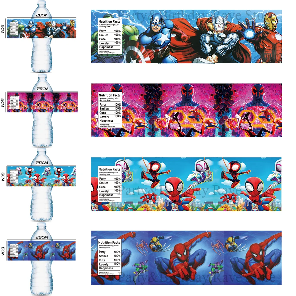 Hot Avengers Superhero Water Bottle Label Birthday Decoration SpiderMan Waterproof Sticker Baby Shower Kid Party Supplies