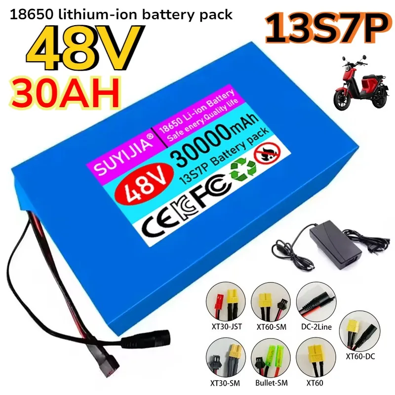 Neuer 48V 30Ah 13S7P Lithium-Ionen-Akku 48V 30000mAh Eingebautes 60A BMS für 500-1500W Elektromotorbatterie + 54,6V 2A Ladegerät