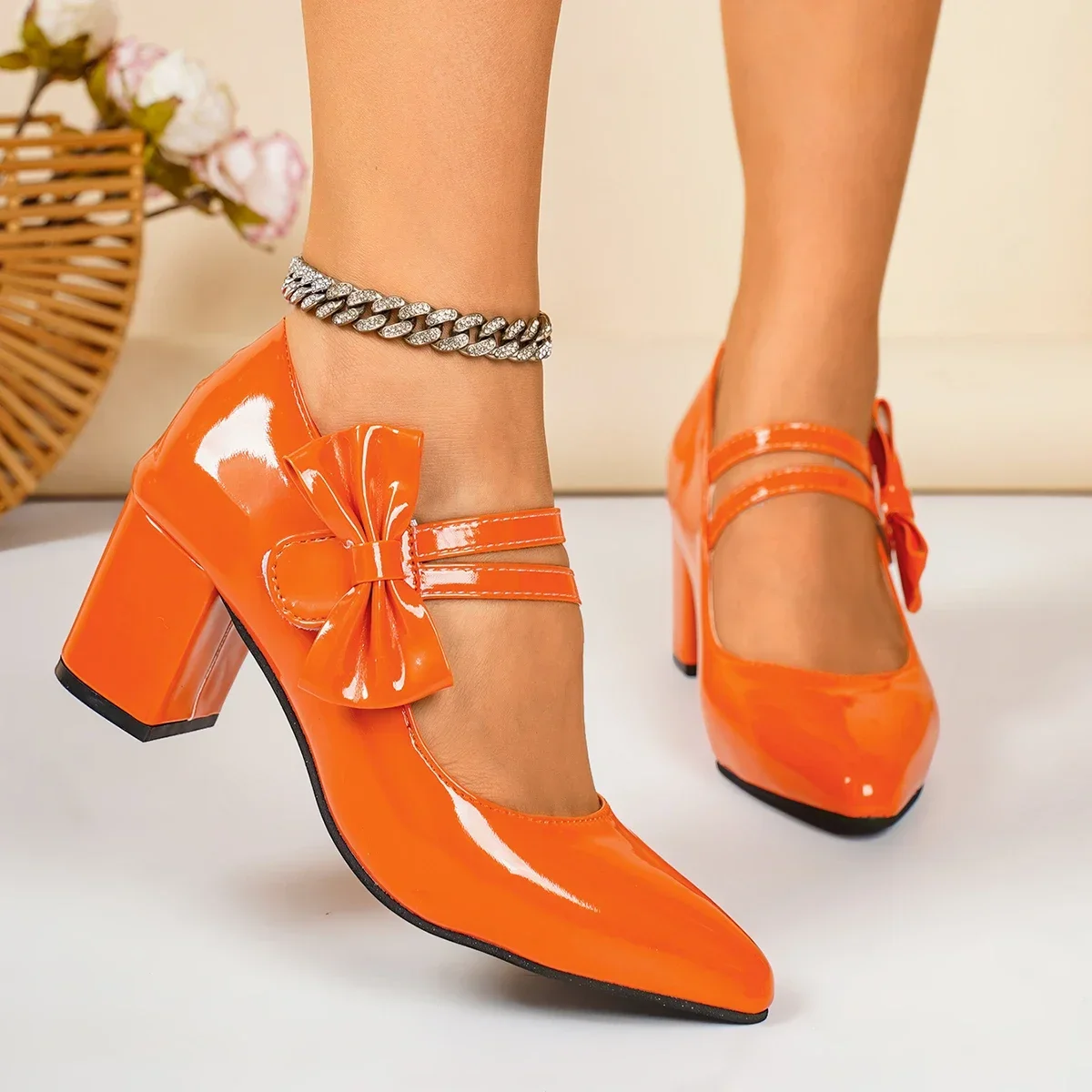 Damen-Spitzschuhe mit Blockabsatz für Partys, Modische Damen-Einriemen-Schuhe, Rutschfest, Verschleißfest, Büro-High-Heels, Größe 35-42 – Detail 16