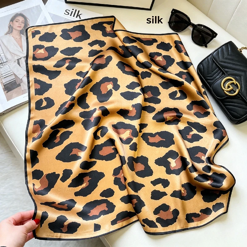 Leopard Print Silk Small Square Scarf Versatile Outdoor Sun Protection 100% Mulberry Silk Internet Celebrity Korean Small Scarf
