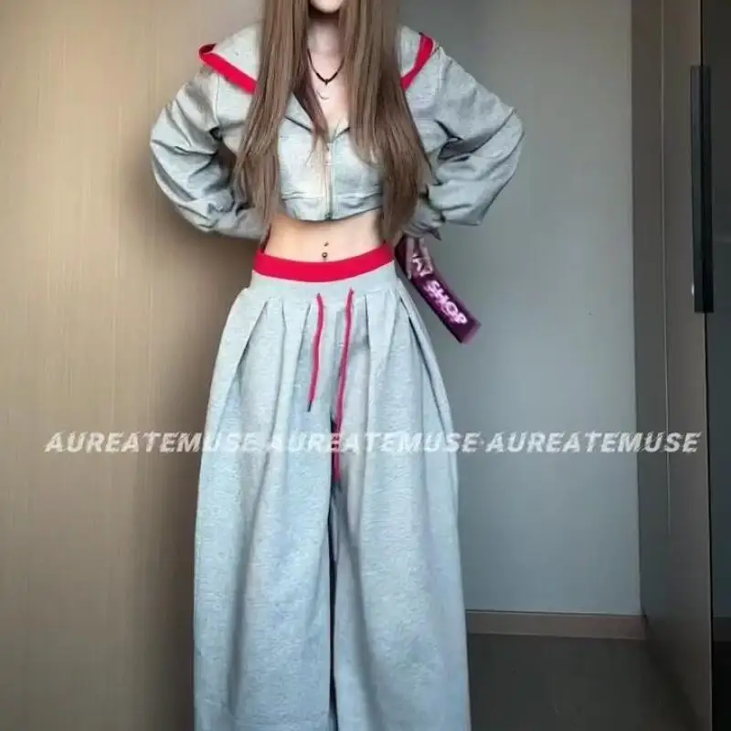 American Women's Tracksuit with Zipper and Trousers Two Piece Set Spring Autumn Casual Short Hooded Jacket Retro Streetwear