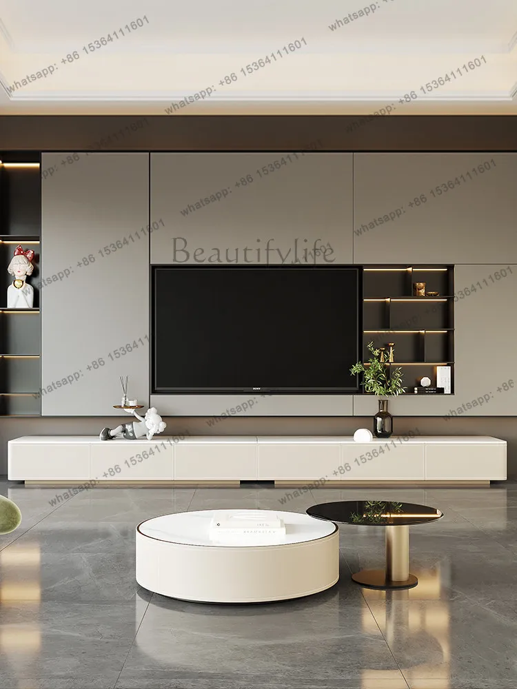 

Light luxury super long floor saddle leather TV cabinet living room modern simple floor cabinet combination