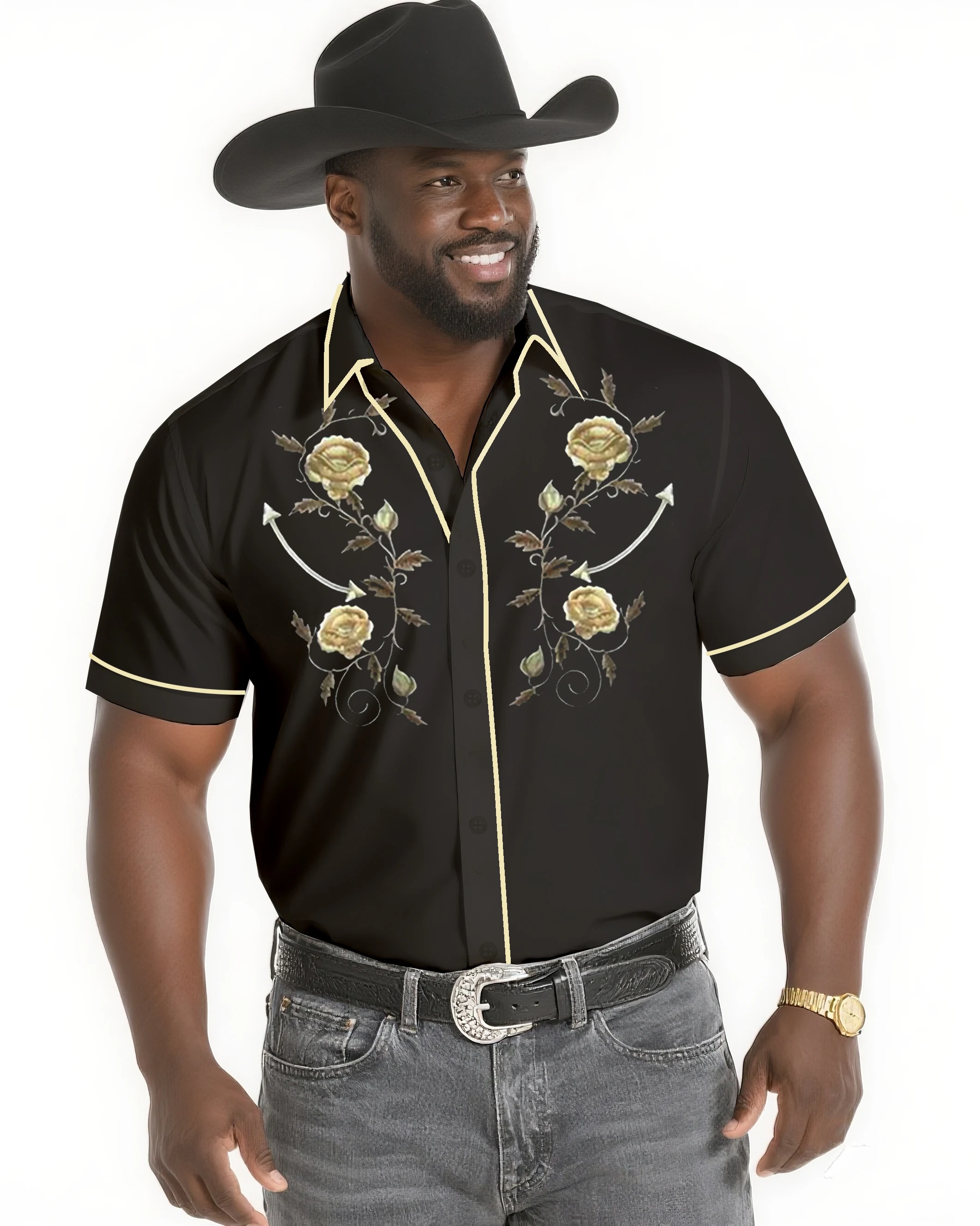 

S-9XL Plus Size Men's Western Floral Print Short Sleeve Shirt, Casual Button Up for Cowboy, Party & Daily Wear