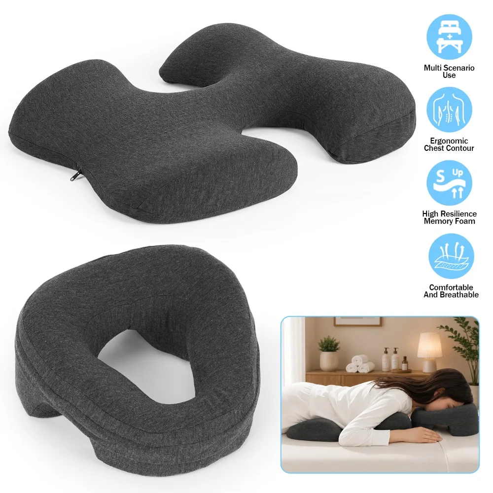 Coussin de soutien thoracique et repose-visage de type T gris foncé pour table de massage, coussin en mousse à mémoire de forme déchiquetée pour position couchée sur le ventre, pour les soins de beauté en salon et la récupération post-ophtalmique