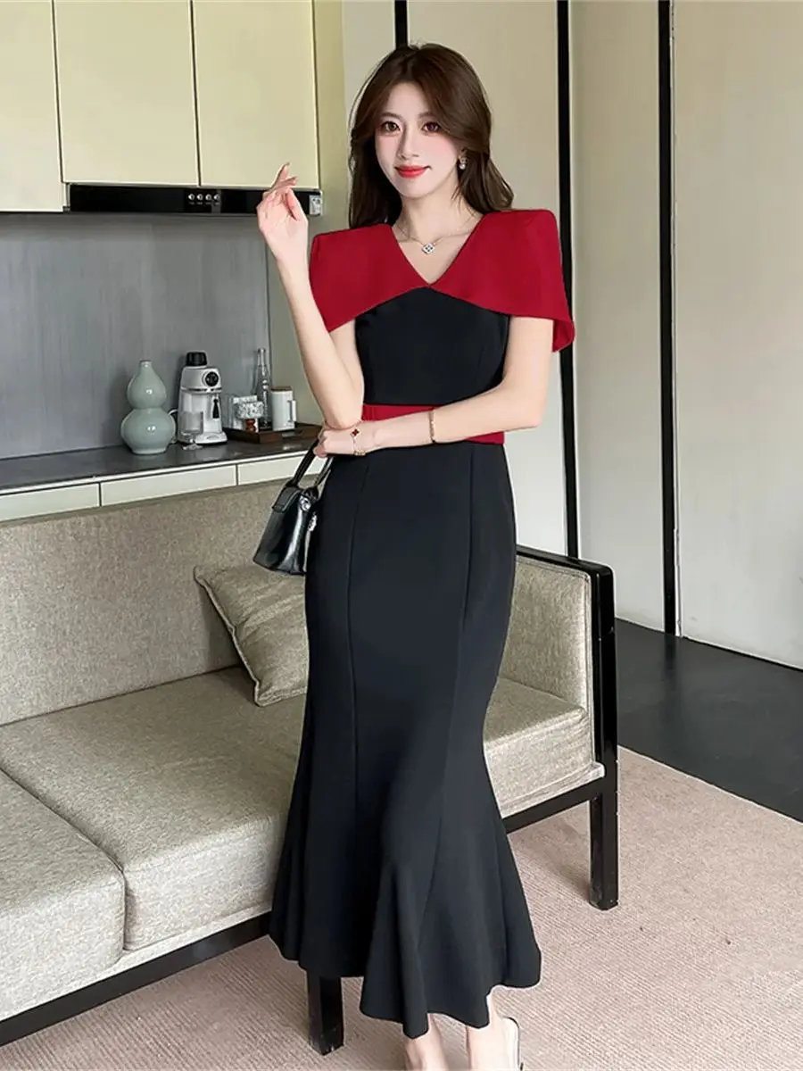 Solid Colorblocked Cape Shawl Sleeve Slimming Mermaid Dresses For Women V-neck Bodycon Temperament Elegant OL Work Dress Female