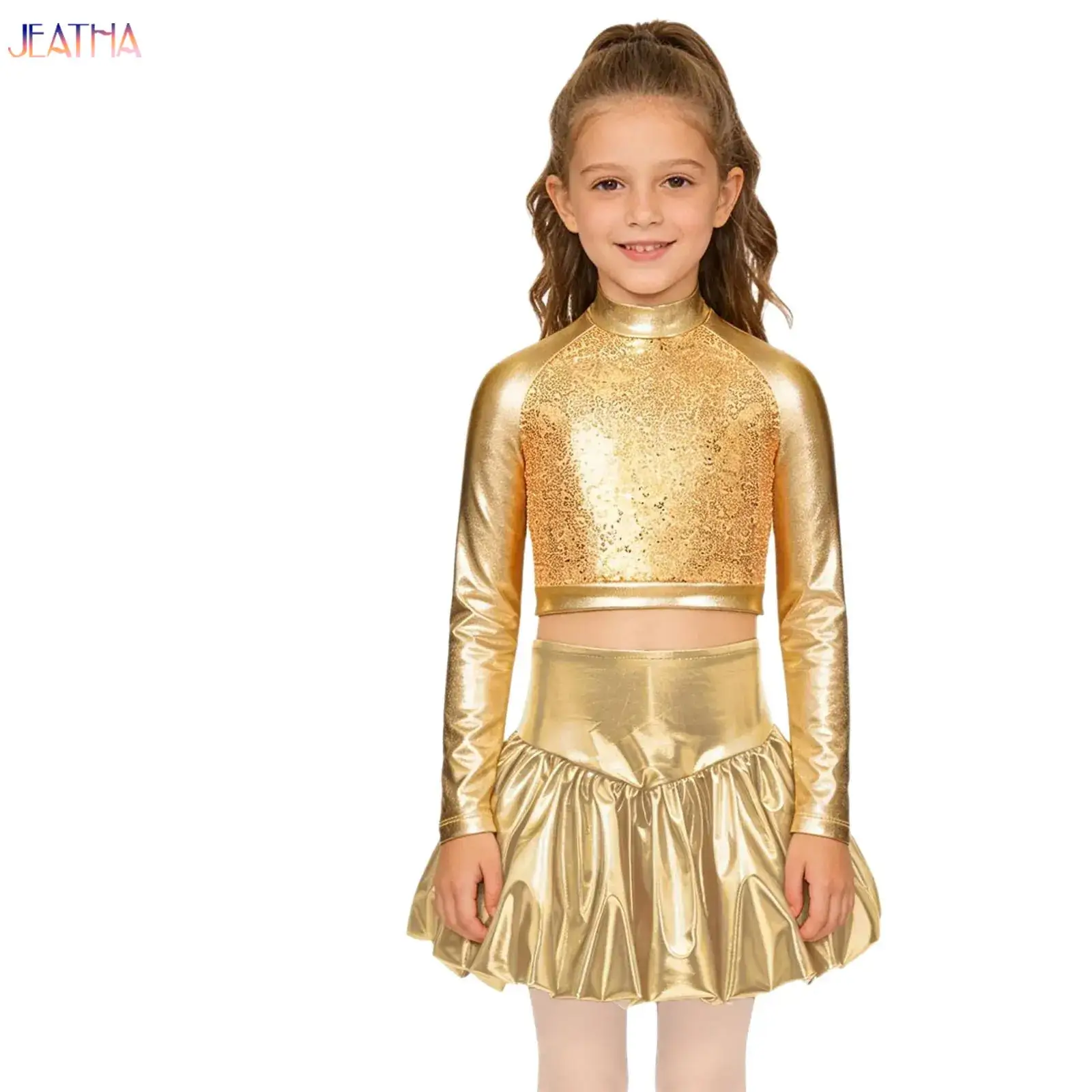 

Kids Girls Hip Hop Jazz Ballet Dance Set Suit Long Sleeve Sequin Metallic Crop Top+Bubble Skirt Cheerleading Performance Costume